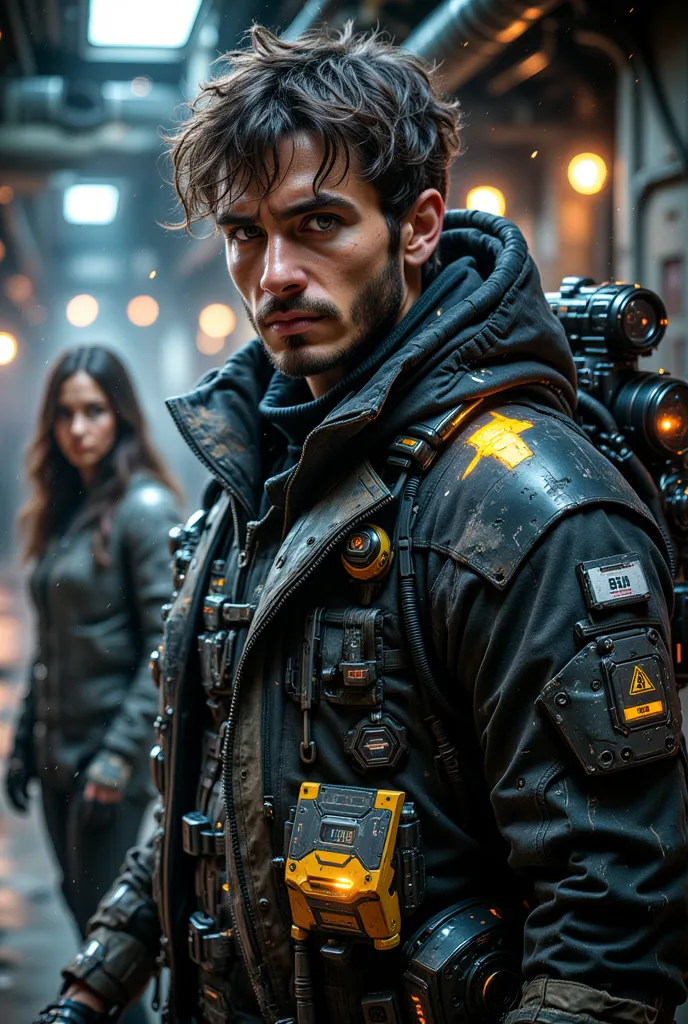 An 22-year-old maintenance worker in the prime of his life who maintains heavy equipment for space exploration, a young and beautiful  female assistant in the background, a jacket with many cyberpunk-like digital devices attached and partially emitting lig...