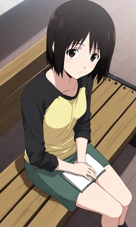 masterpiece, best quality, Hi-Res, ABSARD DRESS, 1 girl, Nakahara_misaki, brown_eye, black_hair, short_hair, Bob_ cut,  small_chest,   yellow_ shirt, raglan_ sleeve, length_ sleeve, black_ sleeve,  denim _skirt, green_skirt,chair with a notebook in hand、pa...