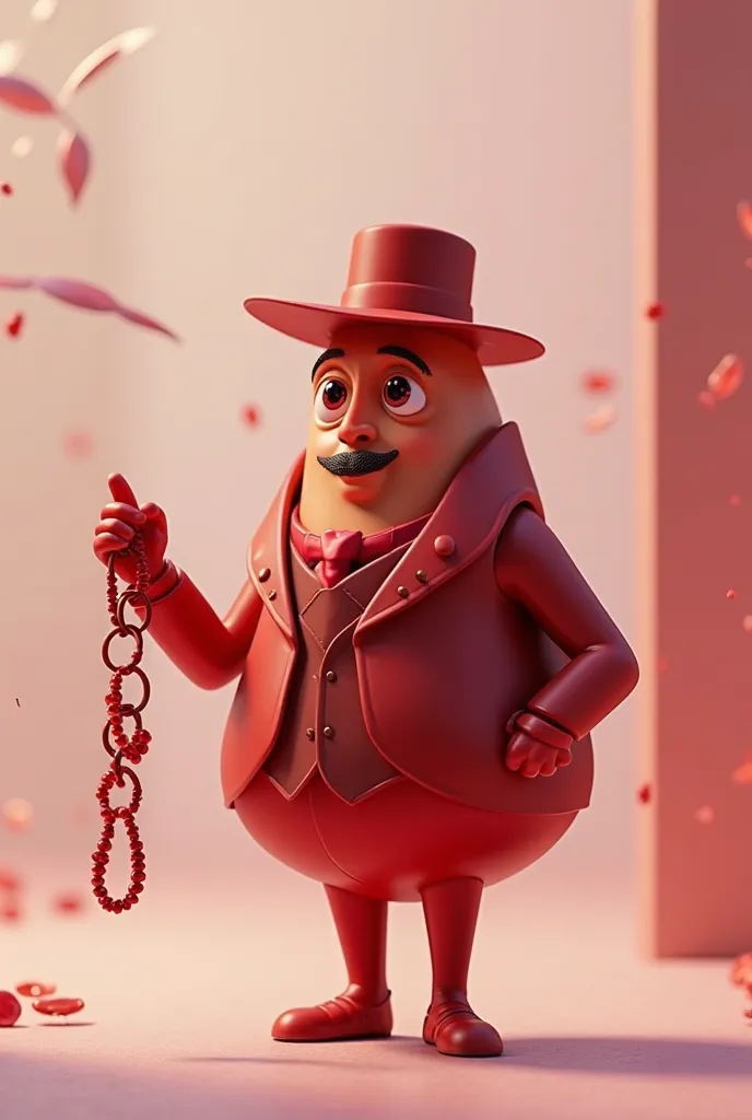 Create an animated drop of blood wearing a suit and hat and holding a hemoglobin chain in one hand 