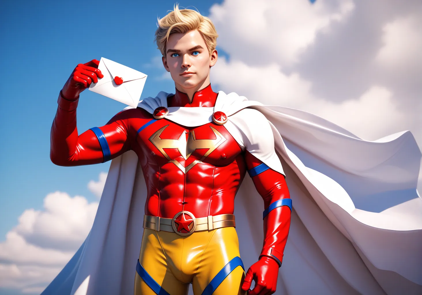 A grown man in a superhero red and yellow suit with white accents,  white cloak ,  Capital letter "m"  on her chest , shoulder length blonde hair , blue eyes