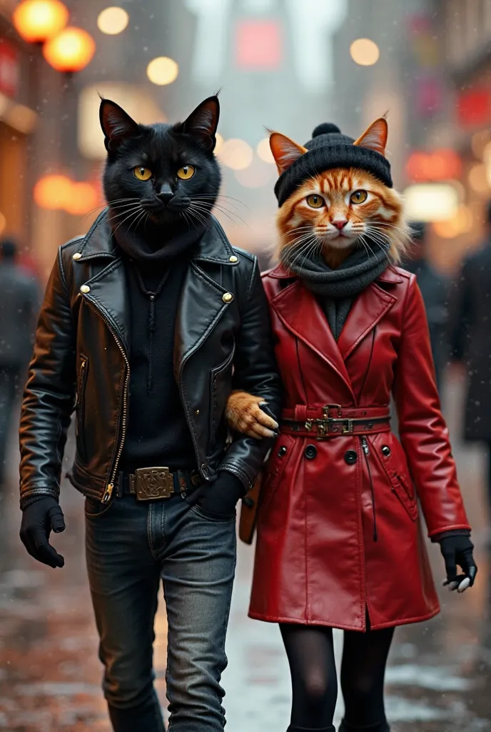 A stylish anthropomorphic cat couple walking confidently through a vibrant city street. The male cat has sleek black fur and is dressed in a black leather jacket, black gloves, and dark jeans, exuding a cool, edgy vibe. The female cat has elegant orange ta...