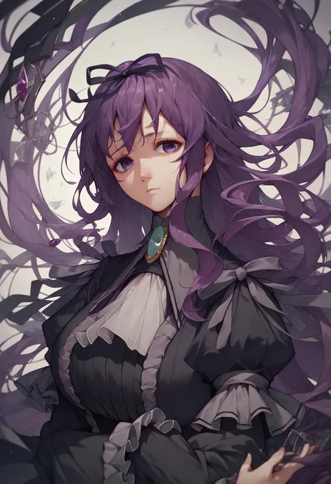 Murasaki _xl, purple eyes, purple hair, very long hair, HAIR RIBBON Extremely Huge Boobs Shinobi_outfit, black dress, long dress, frills, brooch, gem, long sleeves, BLACK SHOES BUST UP