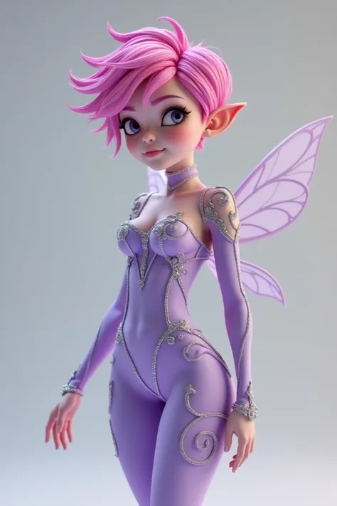 A 3d photorealistic  human like adult image of a fairy girl with fuchsia pink pixie cut hair and wearing a body con light purple jumpsuit with silver detailing (basically a photorealistic version of techna from winx club)