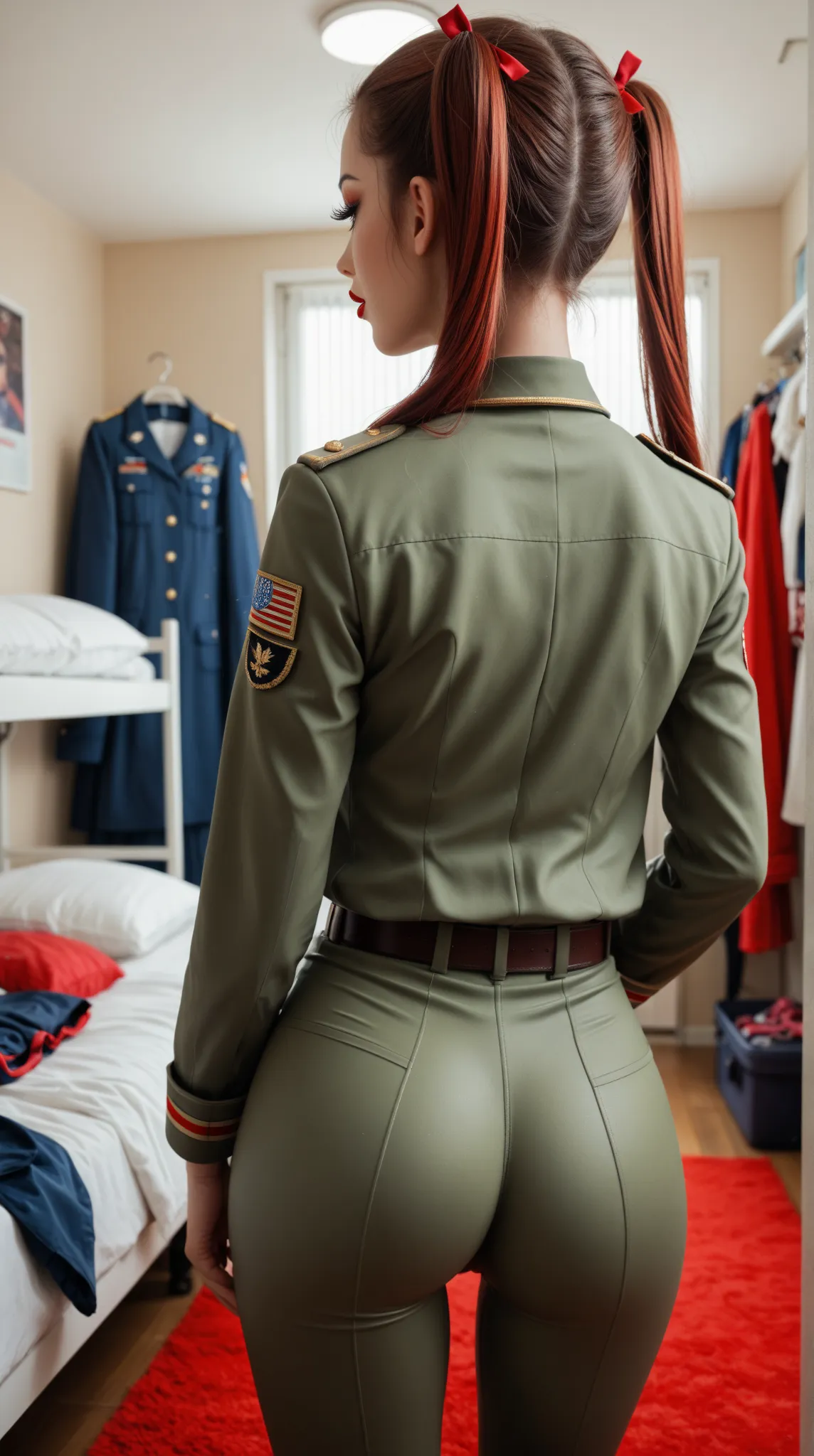 sweet girl, in a dorm room, in military tight pants, at night, naughty face, long eyelashes, red lipstick, staying, straight hair with long pigtails, front view, from back to the viewer