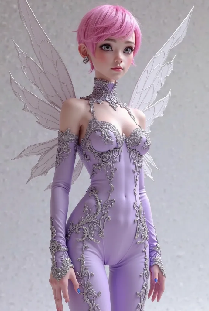 A 3d photorealistic  human like adult image of a fairy with fuchsia pink pixie cut hair and wearing a body con light purple jumpsuit with silver detailing (basically a photorealistic version of techna from winx club)