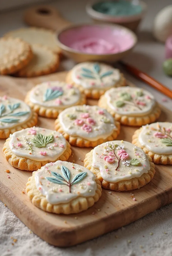 An ultra realistic photograph of round shortbread cookies with hand-painted edible art decorations. The designs should be easy to reproduce in reality, using simple techniques such as brushstrokes of edible watercolor and details minimalists in frosting. T...