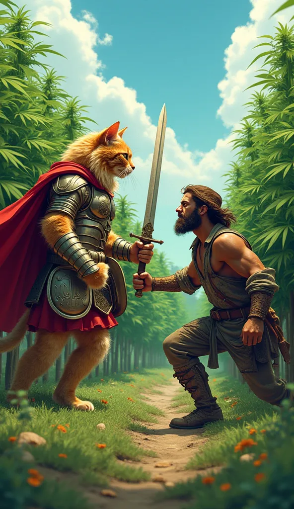 the 2d persian himalayan cat wearing a Spartan armor holding a sword and Shield fighting a marijuana farmer in the marijuana yield, anime art style