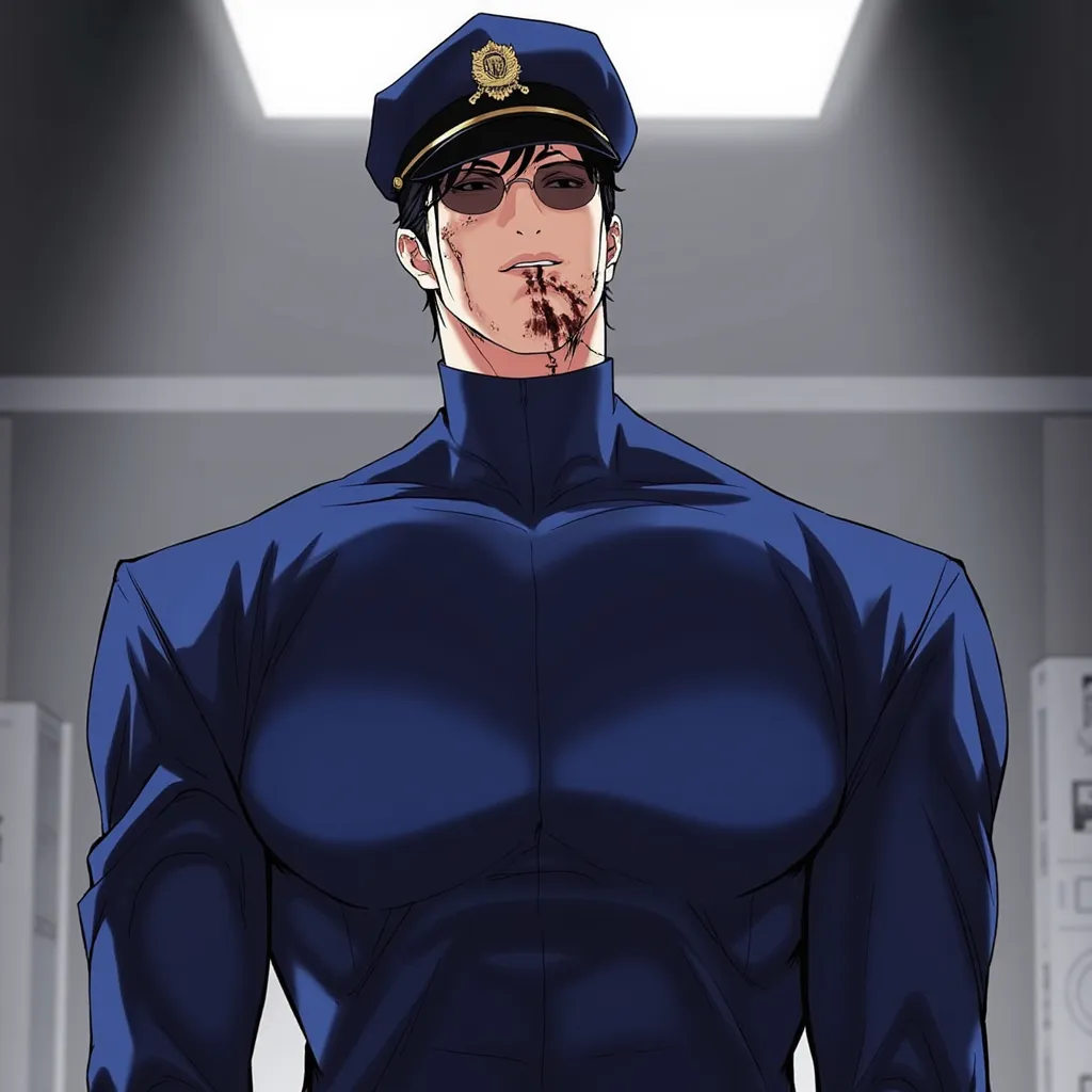 Inner scene "look" , manga with tall male character, athletic figure, strong, big muscles, short hair, black hair, very aggressive appearance, sharp angular facial features. , Elegant tall male figure, Blue police suit , Confident and relaxed posture, stro...