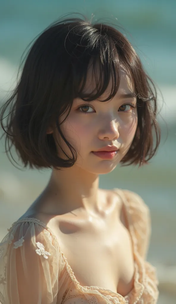    live action， Lolita， feminine ，，Petite， slightly ornate ，Very small face， very baby face，very young face ，round face，Light-pigmented white skin ，Very pale ，Healing， gentle expression，Fleeting，Smiling，Big Breasts， Low，Small nose，round eyes，No eyesight，bo...