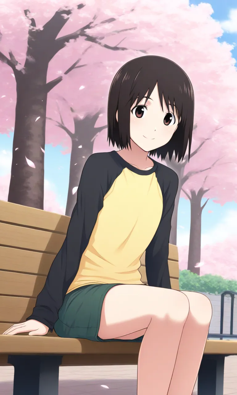 masterpiece, best quality, Hi-Res, ABSARD DRESS, 1 girl, Nakahara_misaki, brown_eye, black_hair, short_hair, Bob_ cut,  small_chest,   yellow_ shirt, raglan_ sleeve, length_ sleeve, black_ sleeve,  denim _skirt, green_skirt, bench、 cross your legs、green空、 ...