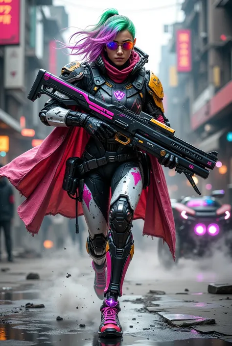 A slender young woman with excellent proportions, wearing a cyberpunk, futuristic, colorful crimson and white rider suit, a protector with luminous organs, and a leather cloak with a colorful emblem. A beautiful woman, wearing cyber sunglasses and rainbow-...