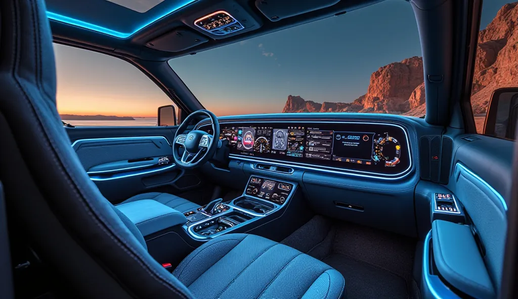 A futuristic luxury Mack pickup truck interior designed for 2035, featuring an ultra-modern and sophisticated cabin. The dashboard is seamlessly integrated with a curved OLED touchscreen that spans across the cockpit, displaying real-time vehicle data, nav...