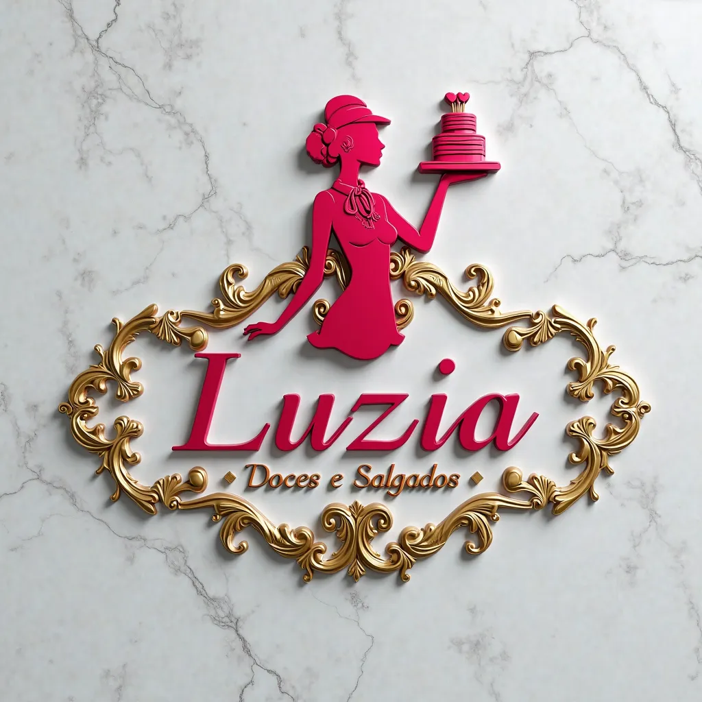 A professional 2d logo design on a gray wall. The logo features the name 'Luzia Doces e Salgados , letras cor pink brilho de vidro vivid  an elegant  font. Above the text is a RED vivid silhouette of a Waitress Afroamerican professional holding a  cake cas...