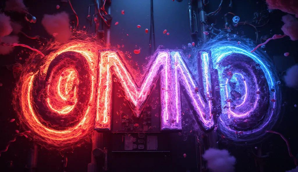 Let it be a boom of colors red and blue, and at the center of this boom there must be a word "OMNO" with large and capital letters on a technology background, and a beautiful but spooky fire surrounding, com tons darks com água, Science of the Day, dark, t...