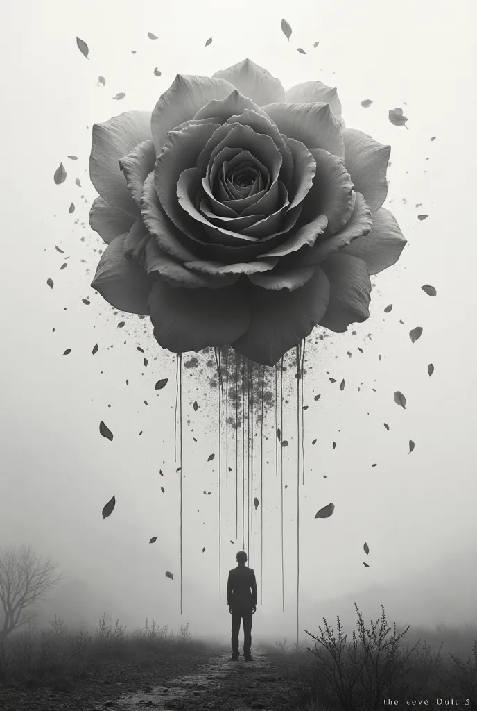 create a poster, are falling that has the phrase become zero in the center with a large rose in the background, where the petals are falling, Let it be in black and white 