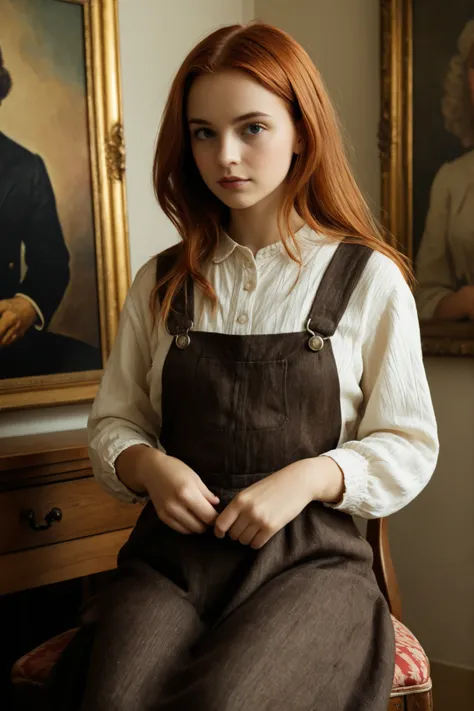 A midcentury modernist oil painting with thick impasto, impressionistic rendering of a auburn haired female model with hints of depth, light and shadow implied by broad paint strokes