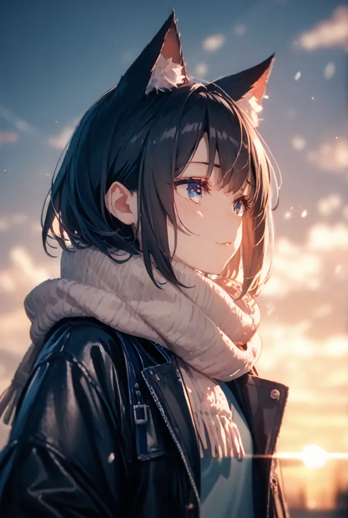 とても美しくてshining eyes、shining eyes、1 girl、SMALLE BREASTS、 big mouth、high school girl、SMALLE BREASTS、Cat ears、black short hair、 scarf、oversized jacket、