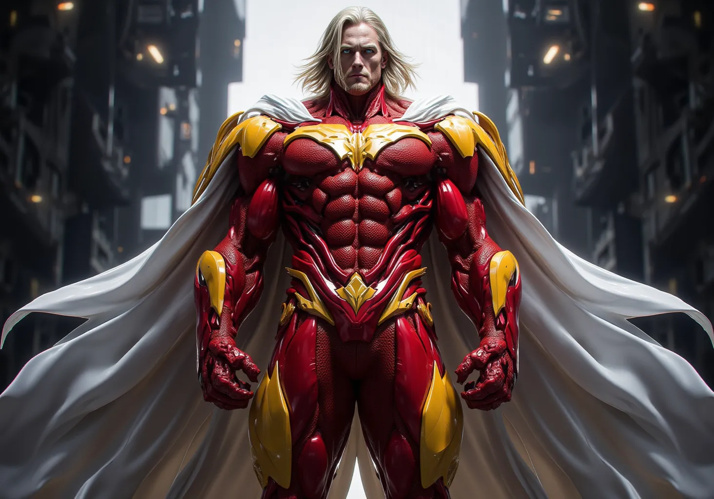 A grown man in a superhero red and yellow suit with white accents,  white cloak ,  Capital letter "m"  on her chest , shoulder length blonde hair , blue eyes, full length,  heroic pose 