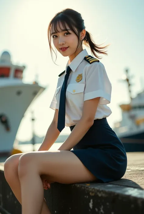 Sexy beautiful Japanese woman, a self defense officer uniform, wearing a white short-sleeved shirts, navy blue tie, navy blue pencil skirt, Black patent high heels, beautiful hip-line, Beautiful thighs, She's sitting at the end of the dock flapping her leg...