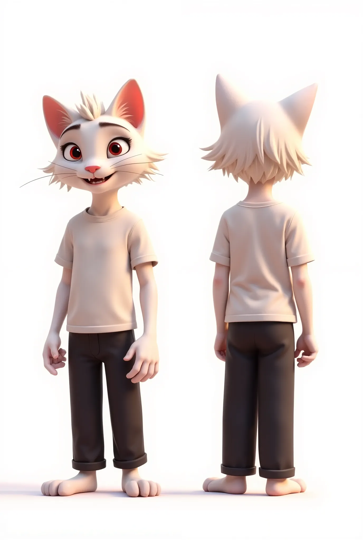  design a Q-version 2D cartoon character named Max , （ character design sheet ，  full body of the same character ， forward， side， Back）， full body of the same character ，Front view，Side View，Back view， an anthropomorphic cat with white fur and red eyes.  M...