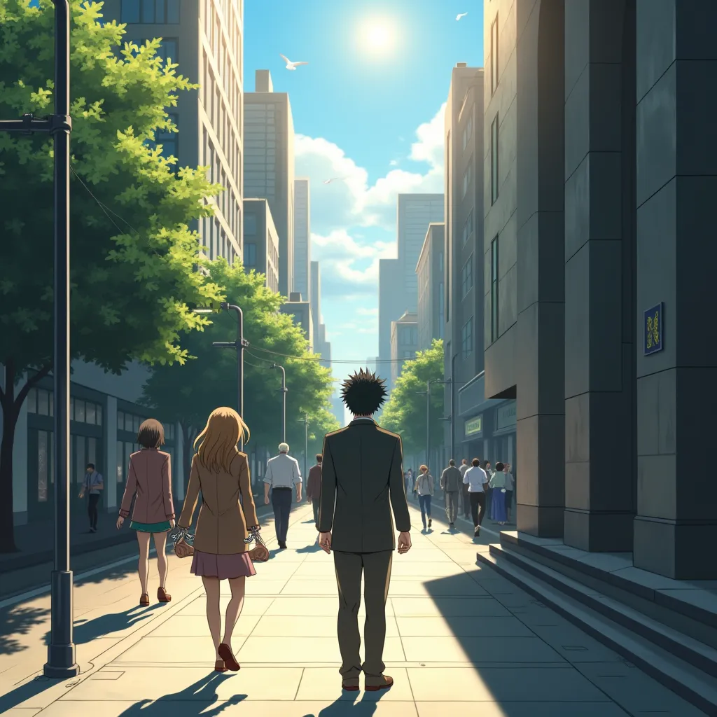 in anime style 🔹 Scene Setting: A bustling cityscape in broad daylight. Hiroshi stands outside the courthouse, the sun shining brightly, but his world feels dark. People walk past, unaware of his pain. His hands are in cuffs, his heart pounding.

🔹 Emotion...