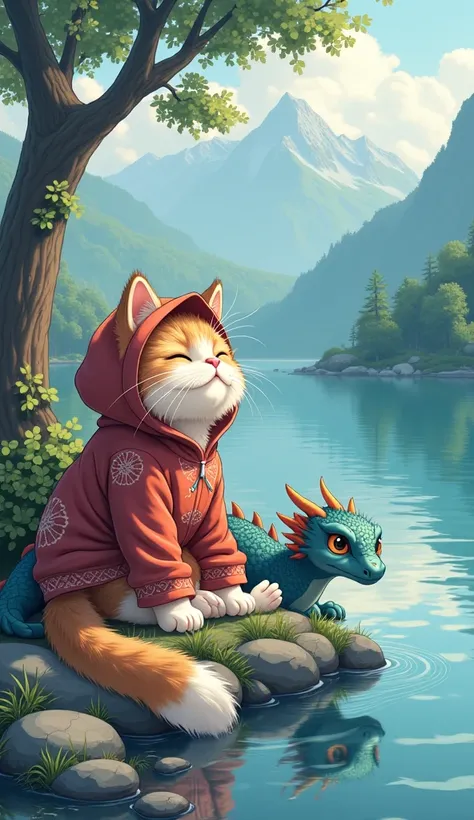 the 2d persian himalayan cat wearing a Hoodie chilling near the river with dragon, anime art style