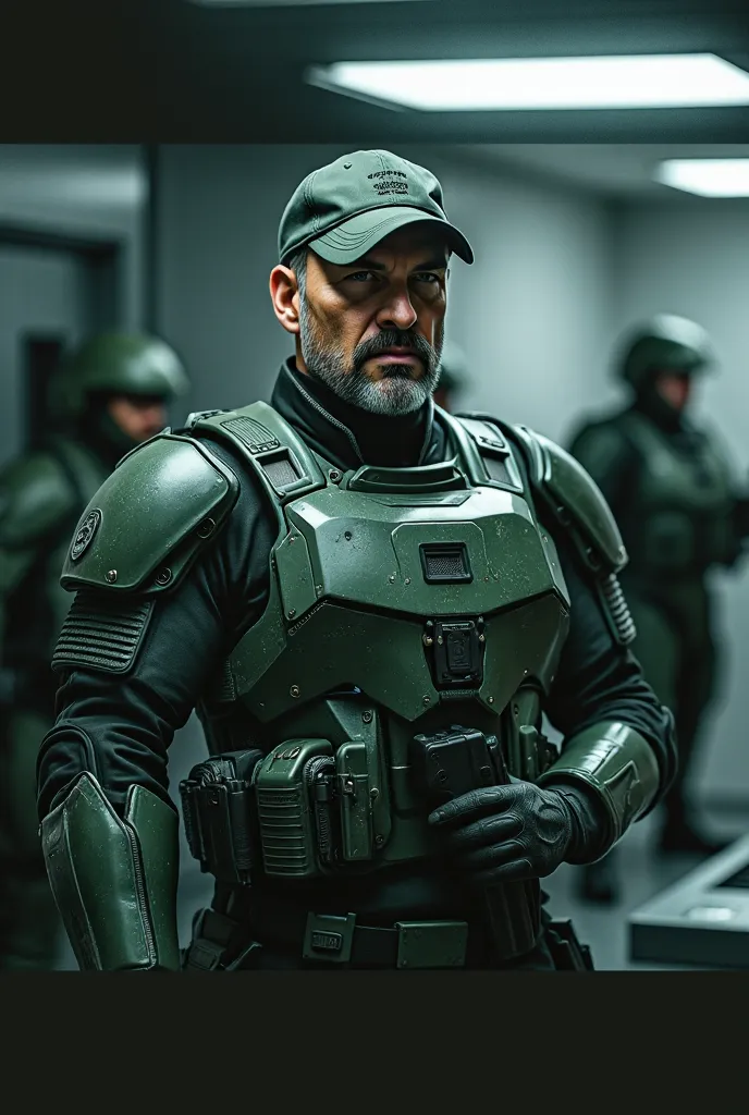 Futuristic senior officers in dark green ballistic armor (with light scuffs and scratches), cap with a tactical headset and an unobtrusive military logo,  short beard and mustache ,  determined look , Conceptual Style (concept art), semi-profile, cinematic...