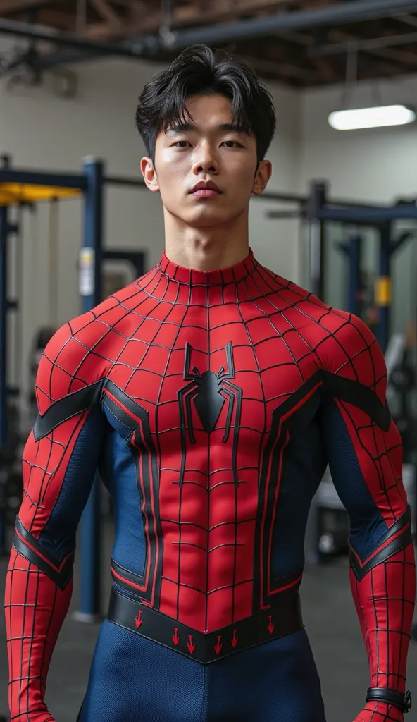 Handsome and sexy Korean ager ager, young, male, looks like Cha Eun-Woo, Wearing Spiderman costume while showing his sixpack abs, muscular, sixpack, young, front view, Korean idol, hot, very muscle, very horny biceps and triceps, photo realistic, realistic...