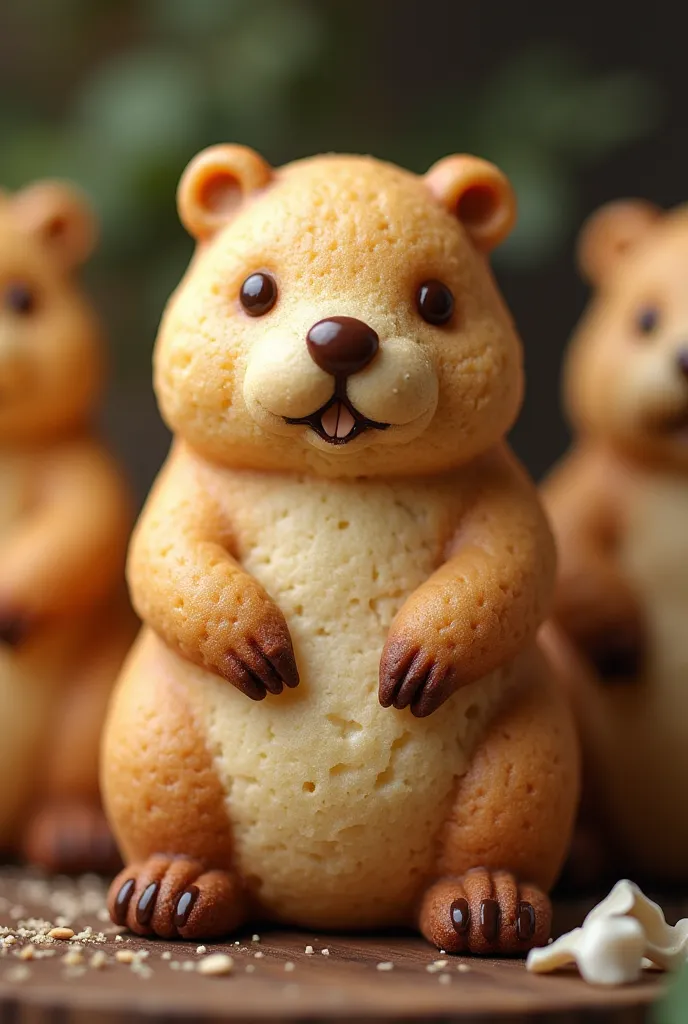 Design handmade cookies in the shape of a capybara, with a realistic finish but easy to replicate by hand. The base of the cookies must be gold and homemade in texture. The decoration should be minimalist, using icing or chocolate for the details of the fa...