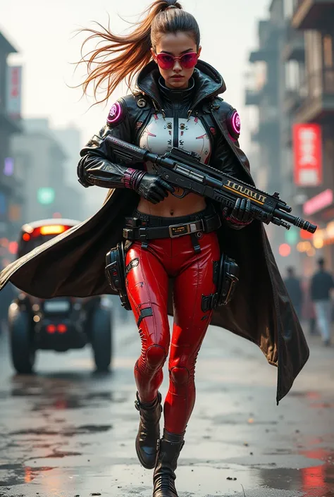 A slender young woman with excellent proportions, wearing a cyberpunk, futuristic, colorful crimson and white rider suit, a protector with luminous organs, and a leather cloak with a colorful emblem. A beautiful woman, wearing cyber sunglasses and rainbow-...