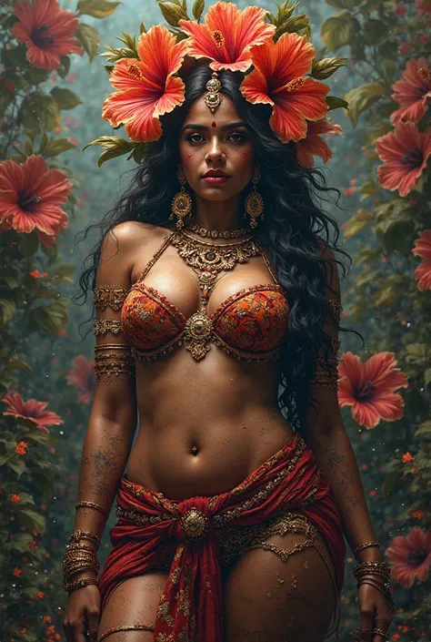 cute goddess kali bengali voluptuous showing belly and cleavage with hibiscus garland, detailed face, 4k, ultra details on skin