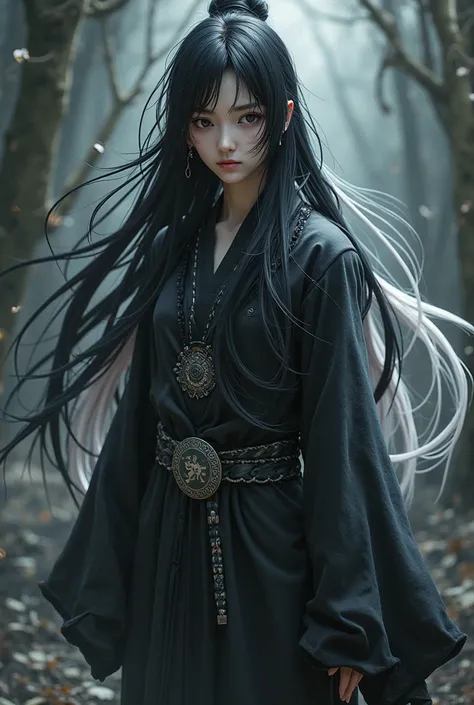 I want you to make a girl with long hair below her waist black with white locks and who has snake bites that her eyes are black and she is a Naruto ninja 