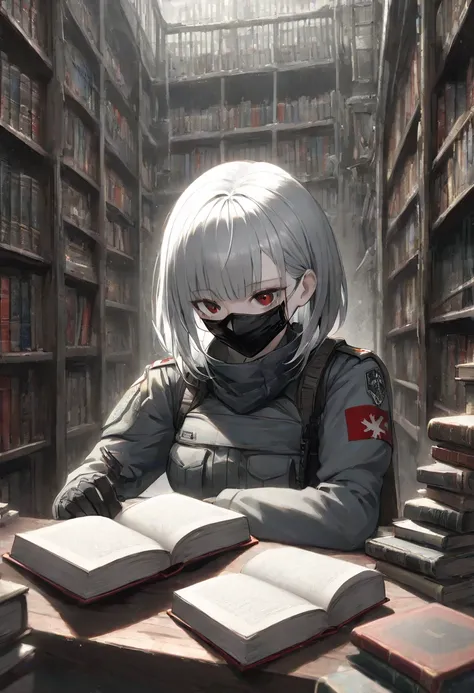  foreign country,   alone,      woman 1 person, ,    Gray Hair  , white highlights on the bristles,   red eyes, 、   cool atmosphere with lots of books, ,  soldier、  black mask