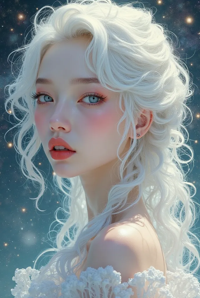 Create an image of a woman with this body features in korean manhwa style; albinism, gray eyes, dimples, celestial nose shape, diamond face shape, curly white hair, almond eye shape.
