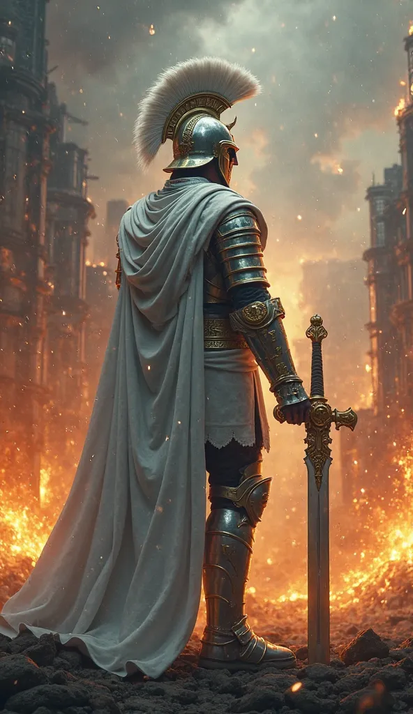 Knight in white armor wearing Roman helmet without cover with a sword with gold details the City in the background on fire with rain is lightning 