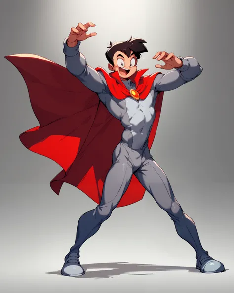 Wiccan (young human boy, gray supersuit with blue details, red cape), dancing pose, Tokyo background, tiny toons style, by diives, 