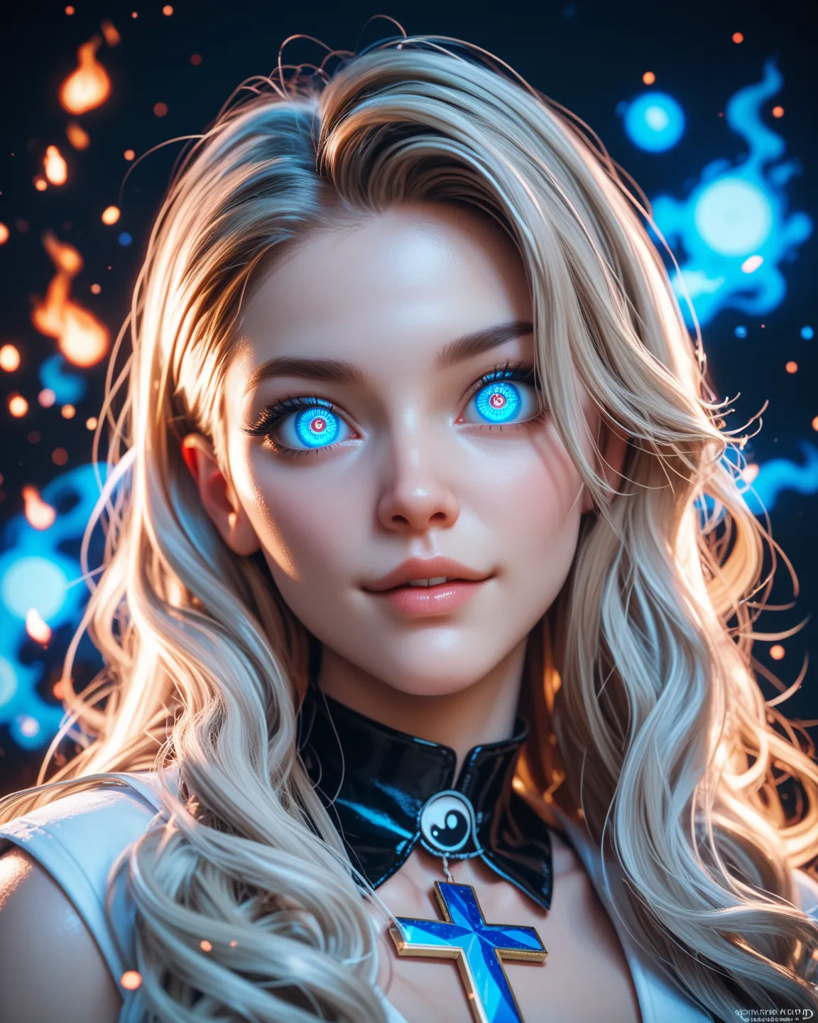 3D High Photography，High Definition，Left Eye Neon Cat Eye，Glowing blue cross-eyed right eye，Face fine ，BACKGROUND LEFT AND RIGHT YIN YANG DIVISIONAL SYMMETRY，1 Girl, Single, Flame Element Long Hair,Quadrilateral lens, 