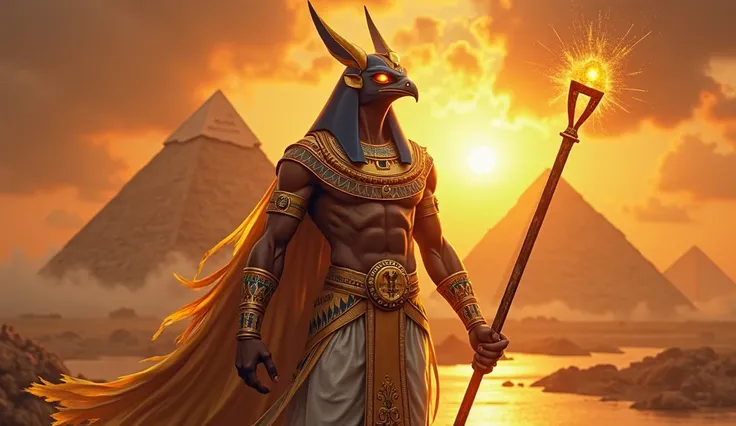 A powerful and majestic depiction of Horus, the falcon-headed Egyptian god, standing tall with a golden staff and ankh. Behind him, the pyramids and the Nile River shine under a mystical golden sunset. His eyes glow with divine energy, symbolizing wisdom a...