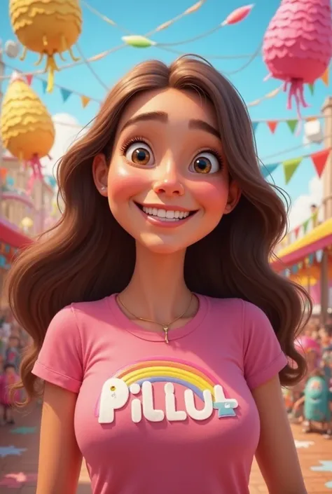 Pixar-style poster(cartoon) age woman with long brown hair with a circle and a mole on her face on her cheek with a pink t-shirt that says Pililu with a rainbow and is doing party piñatas