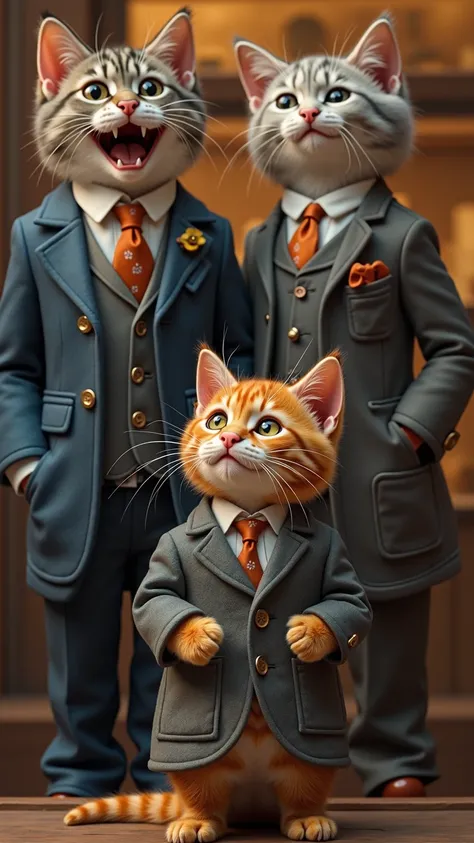 2 well dressed adult cats wearing suits are laughing looking down at the crying orange  kitten with big teary eyes wearing a old grey jacket with holes in it. Begins the cats there is a luxury watch store