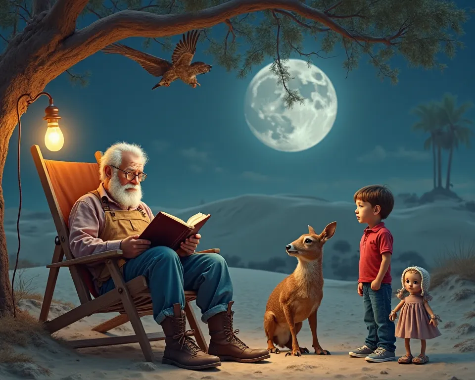 Creates a REALISTIC HD 8K PHOTO image where an old man with glasses is reading a very large bible, Next to him there is a puppy deer standing, He wears blue pants he has white hair, wearing a brown carpenter apron and high leather boots he is sitting on a ...