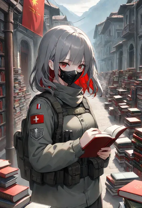  foreign country, Outdoors, alone,      woman 1 person, ,    Gray Hair  ,  Red Highlights on the Hair ,   red eyes, 、   cool atmosphere with lots of books, ,  soldier、  black mask