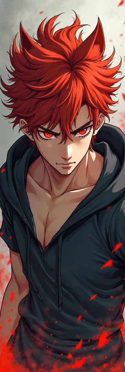 Red hair, red eyes, cat eyes, angry, anime, ager, handsome, strong build, hoodie, anime, short hair, dynamic hair, boy 