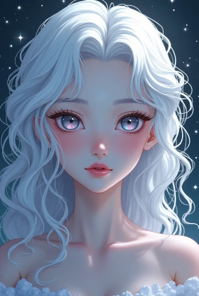 Create an image of a woman with this body features in manhwa art style; albinism, gray eyes, dimples, celestial nose shape, diamond face shape, curly white hair, almond eye shape.
