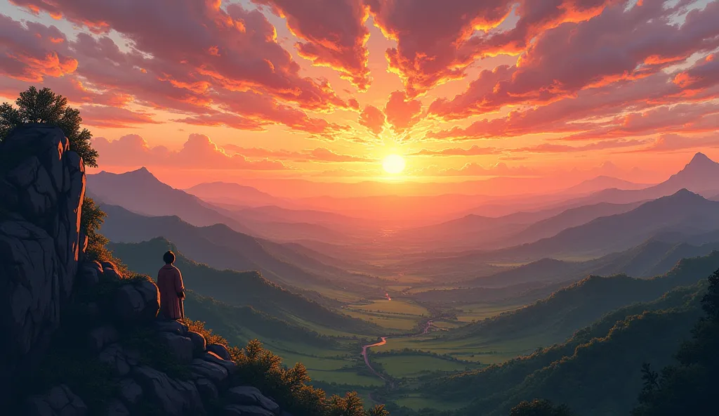 Sunsetting over a beautiful valley, Perspective: top of mountain, sketch style, with color