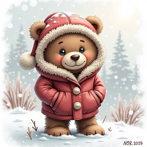 Teddy bear in a blue jacket, and hat, on a snowfield