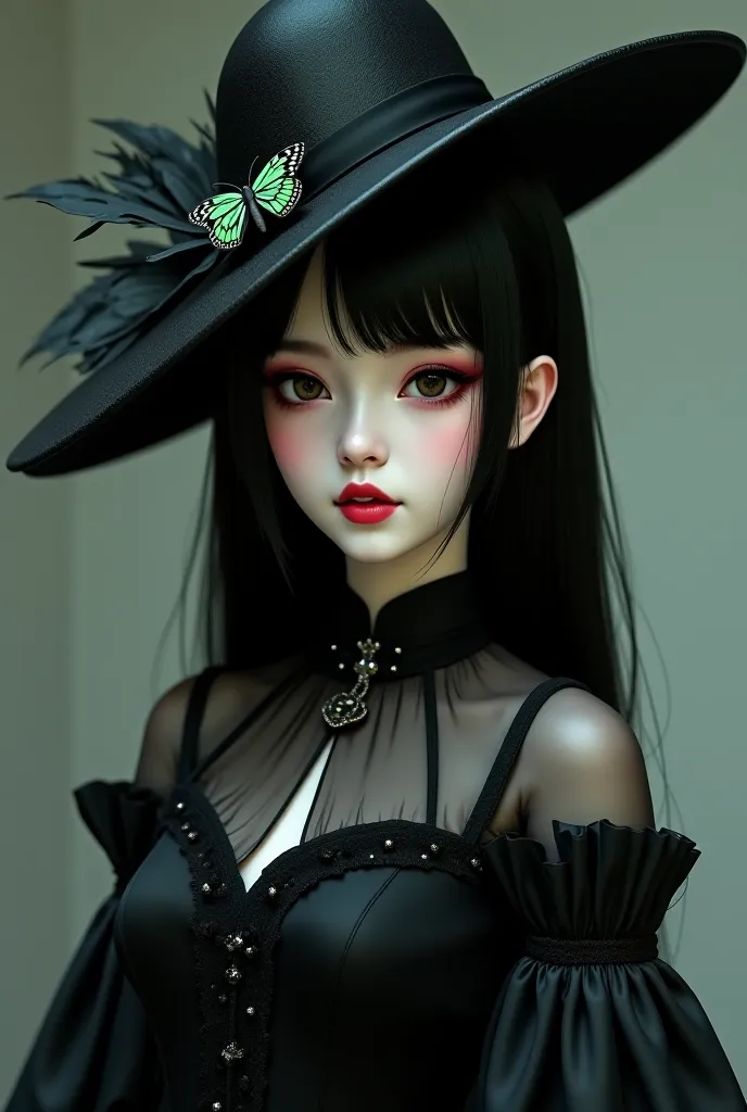  pretty Japanese girl , between 20 and 30 years old. Long hats, smooth and white with a buckle in the shape of a black and green butterfly. long gothic black dress. Echidna di Re:Zero