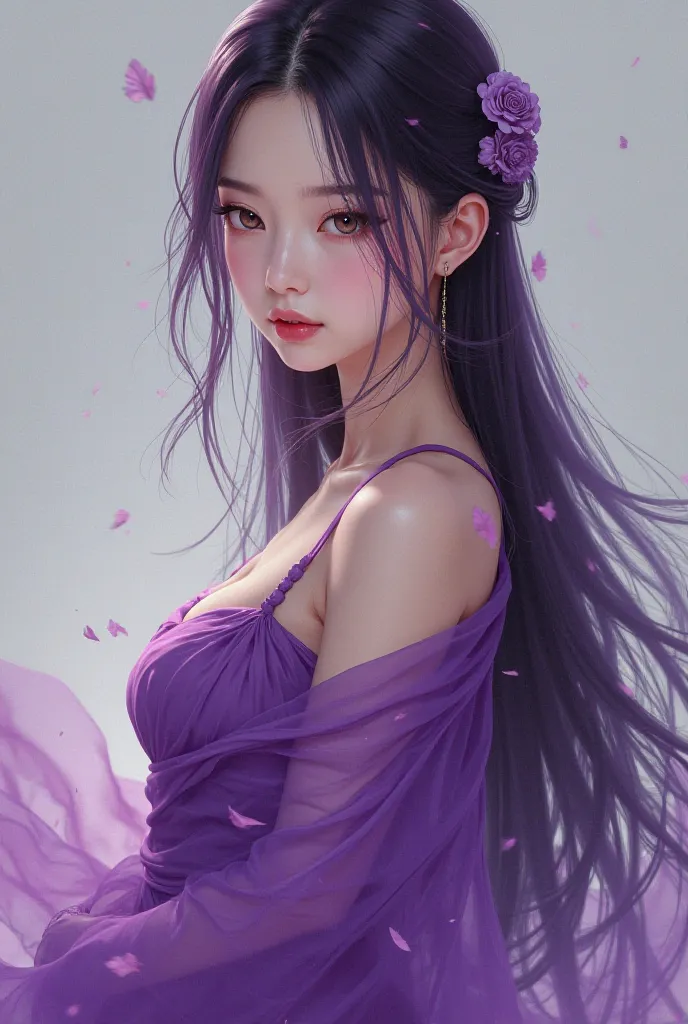 An asian girl wear a purple dress and his hair is purple 