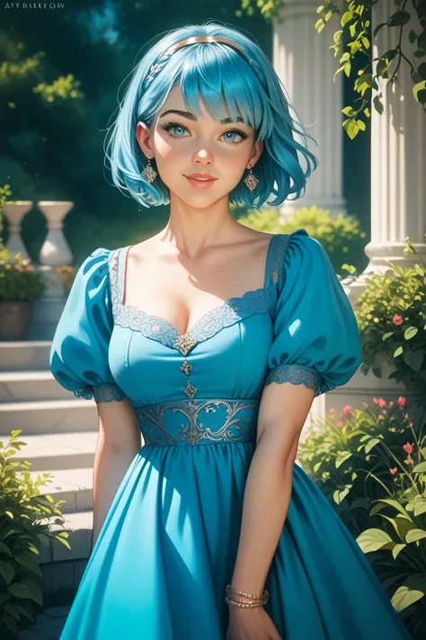 Anime Full Body Twentysomething Female Blue Haired Bob Light Blue Dress