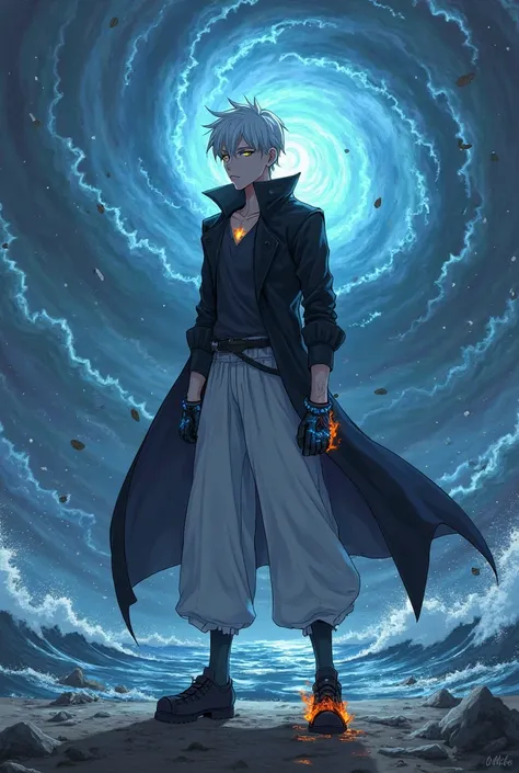 anime male character, 1.80m tall, short white hair, yellow eyes with blue fire coming out, fair skin, wearing a black coat, black shirt, long white pants, hands covered in dirt and fire like gloves, black shoes with water-like covering on top, standing wit...